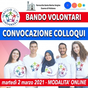 SERVIZIO CIVILE UNIVERSALE - CONVOCAZIONE COLLOQUI - Progetti &#039;AbCD...Abbi cura di me&#039; e &#039;Non uno di meno&#039;