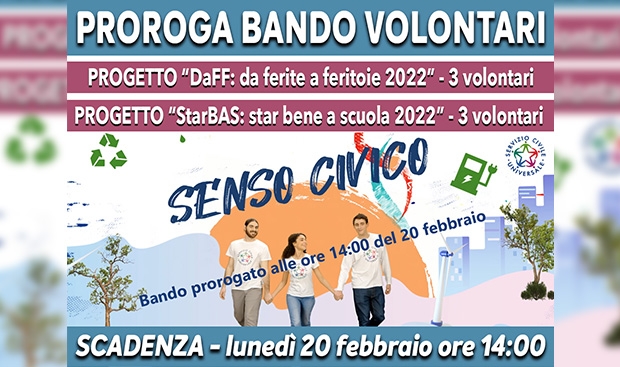 Proroga bando di selezione per i giovani tra 18 e 28 anni che intendono fare un’esperienza di Servizio Civile Universale